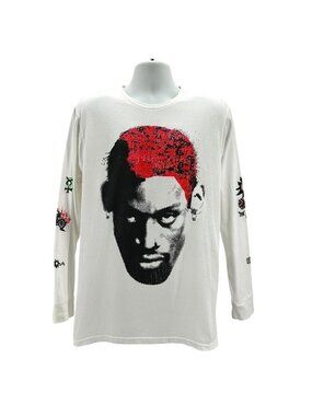 Rodman Mens Large Shirt Dennis Rodman Graphic Retro White Neon Long Sleeve Tee